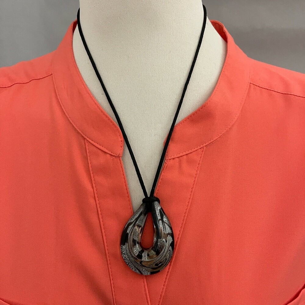 Black Cord Multicolor Silver Glass‎ Pendant Women's Fashion Necklace NWOT